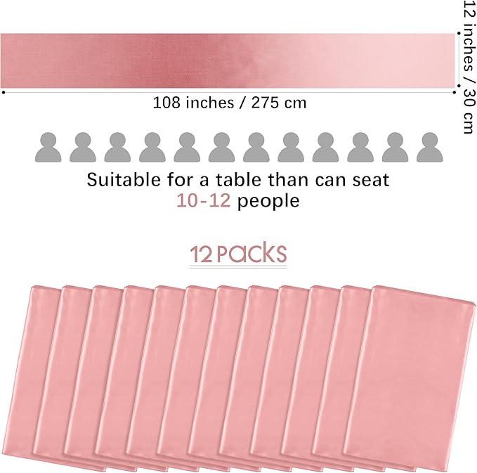 Aneco 12 Pack Satin Table Runner 12 x 108 Inch Rose Gold Long Wedding Satin Silk Table Runner for Wedding Banquet Graduations Birthday Party Decoration