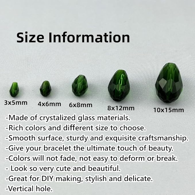 200pcs 3x5mm Teardrop Crystal Glass Beads for Jewelry Making, Faceted Vertical Hole Teardrop Glass Spacer Beads for Wind Chimes Bracelet Earring Necklace DIY Craft(Dark Green)