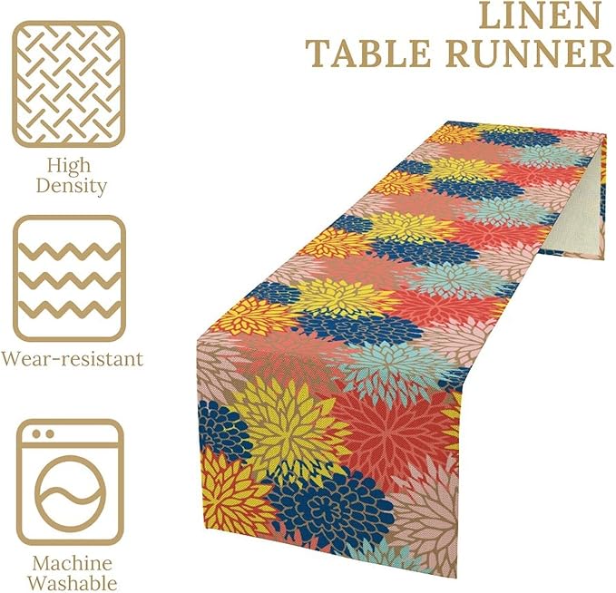 Dahlia Flowers Table Runner Colorful Floral Teal Grey Pink Yellow Blue Abstract Table Runner Kitchen Dining Party Decor Living Room, 13x108 Inch