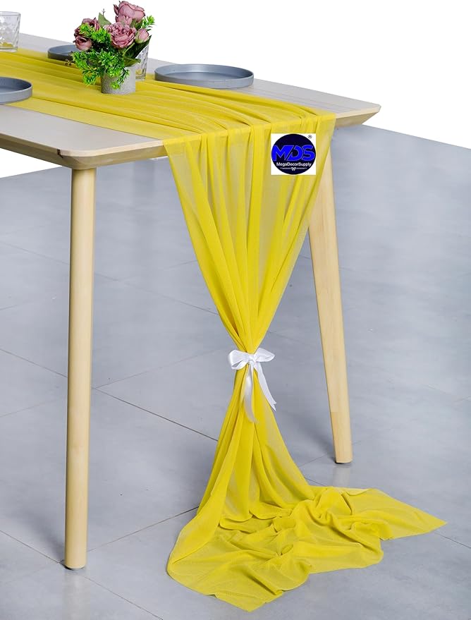 MDS 15 Pack 10ft Chiffon Table Runner 29 x 120 Inches Sheer Wedding Runner Romantic Rustic Table Runner for Wedding Decorations, Birthday Parties, Bridal Shower Party Arch Decor - Yellow