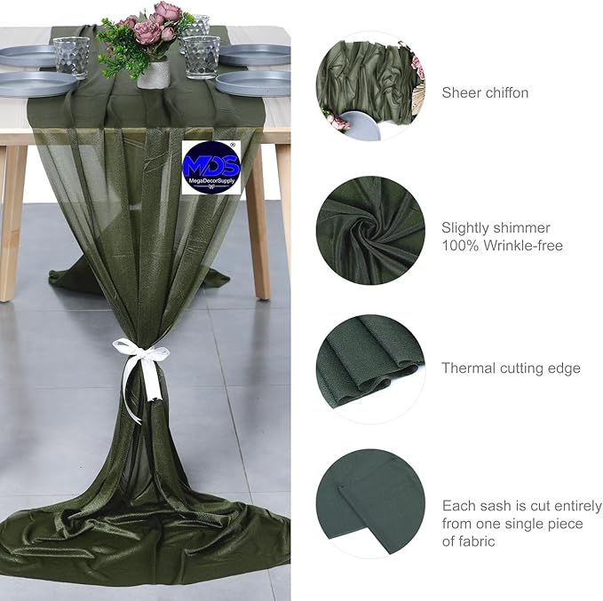 MDS Halloween Chiffon Table Runner - 10 Pack, 29 x 120 Inches, 10ft Each - Sheer Spooky Table Runners for Haunted House Parties, Trick-or-Treat Tables, Witchy Décor, Wedding & Events - Olive Green