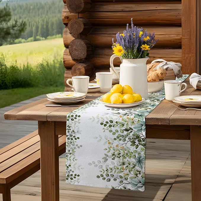 Sage Green Eucalyptus Cotton Linen Table Runner for Dining Kitchen, Farmhouse Leaves Wedding Outdoor Party Tablerunners Decoration Botanical Floral Dresser Scarf Coffee Tablecloth Runners 13x48 Inches