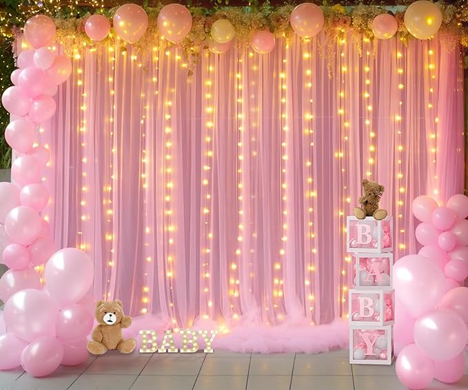 Pink Tulle Backdrop Curtains with Lights String for Parites 20ft×8ft Pink Sheer Backdrop Curtains for Baby Shower Girls Bridal Shower Birthday Party Photo Shoot Decorations(4 Panels 5×8ft)