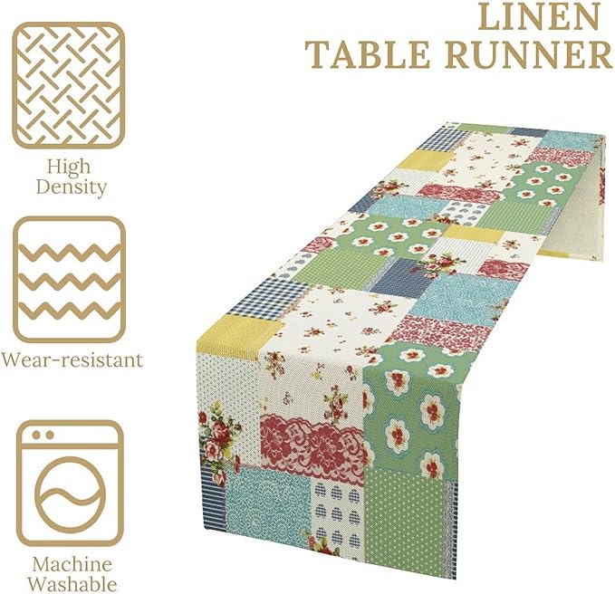 Patchwork Boho Table Runner,Vintage Colorful Floral Plaid Polka Dot Print Tablecloth Burlap for Hotel Indoors Outdoor Dining Room Kitchen Home Decor,W13X L90 in