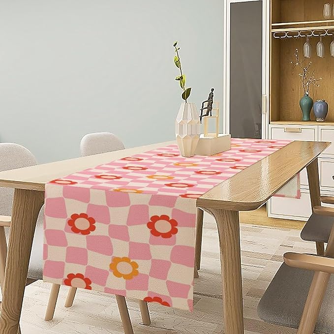 Vintage Floral Table Runner,60s Retro Color Funky Hippie Print Table Cloth Kitchen Dining Table Home Party Decoration 13x36 Inch