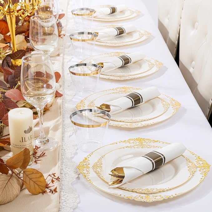 Nervure 350PCS Ivory Plastic Plates - Ivory Gold Plastic Dinnerware Sets for 50 Guests - 100 Gold Disposable Plates, 50 Pre Rolled Silverware Sets, 50 Cups Perfect for Wedding & Thanksgiving