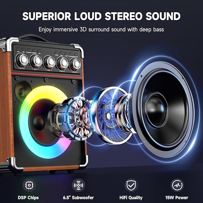 Karaoke Machine for Adults Kids, Bluetooth Speaker with 2 Karaoke Microphones, Bass/Treble Adjustment, Portable PA System with Remote Control/LED Lights for Home Party, Support USB/AUX/REC/TWS