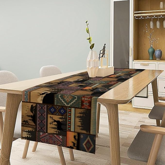Rustic Cabin Bear Aztec Table Runner, Retro Brown Bear Rustic Theme Geometry Decoration for Home Dinner Party Living Room Bedroom Table Runner 13x36 Inch