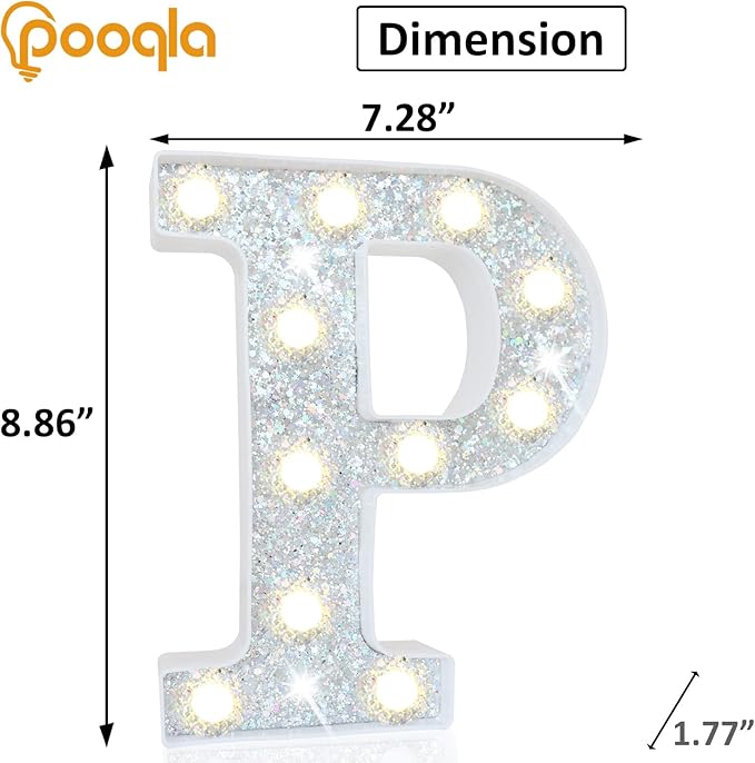 Pooqla Light Up Letters, LED Marquee Letters for Silver Birthday Decorations, Battery Powered Night Light Teenager Girl Room Decor, Gift for Girls Boys Wedding Bedroom Christmas Party Decor, Letter P