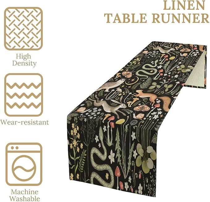 Mushroom Table Runner,Vintage Boho Forest Wild Animal Wildflower Botanical Plants Pattern Print Burlap Hotel Indoors Outdoor Dining Room Kitchen Holiday Party, 13x80in