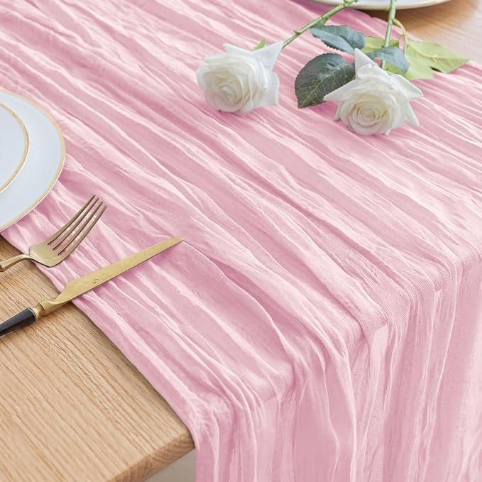 Asee'm Cheesecloth Table Runner 120 Inches Blushing Pink Boho Gauze Cheese Cloth Runner 10FT Rustic Sheer Fall Table Runners for Thanksgiving Wedding Baby Shower Holiday Party Decoration