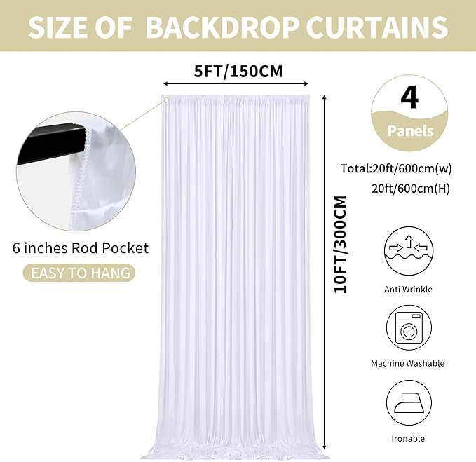 20x10ft Backdrop Curtains for Parties, 4 Panels 5x10ft Photography Backdrop Curtain with Rod Pocket,Backdrop Polyester Background Drapes,Wedding Backdrop Drapes for Birthday Baby Shower Home Decor