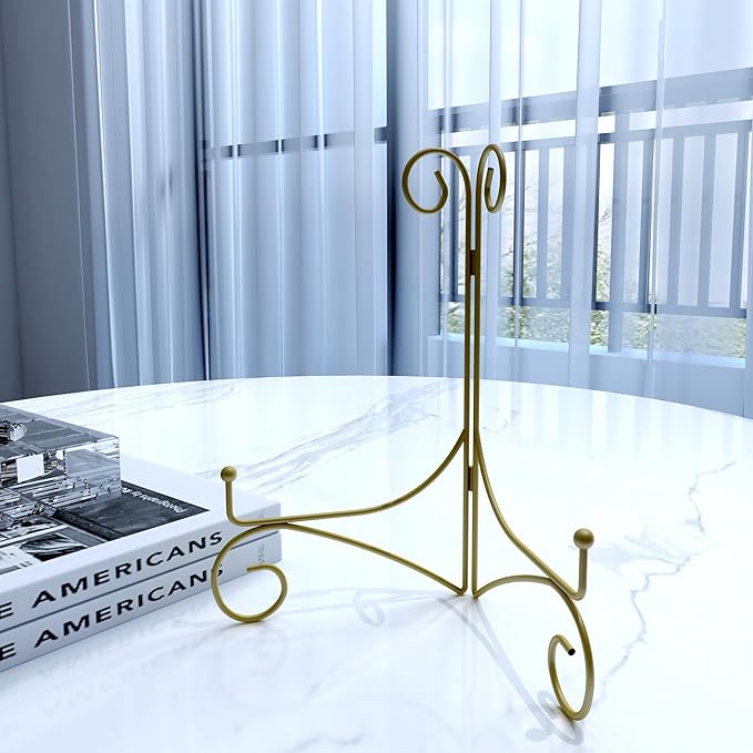 10 Inch Display Plate Stand with Folding Design, Metal Plate Holder for Tables, Picture Easel for Home Decoration, Photo Frame Stand, 10'' Gold