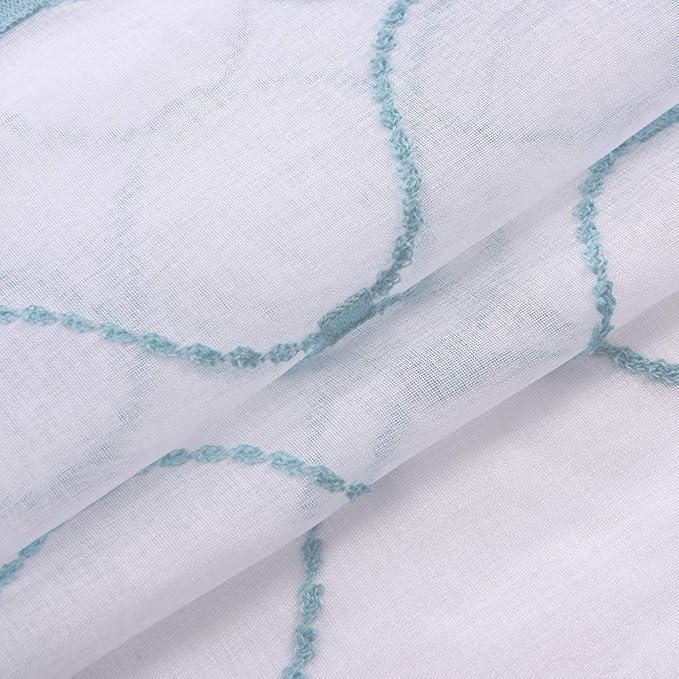 Embroidery Sheer Curtains Blue 84 Inches, Rod Pocket Voile Drapes for Living room, Bedroom, Window Treatments Wave Diamond Semi Crinkle Curtain Panels for Yard, Patio, Villa, Set of 2, 52"x 84".