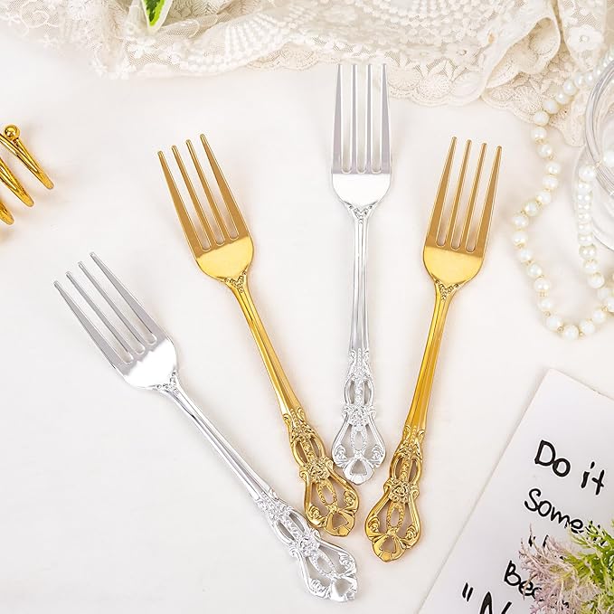 30PCS Gold Plastic Forks - 8.1inch Gold Forks Disposable - Vintage Heavy Duty Dessert Forks - Premium Fancy Plastic Silverware for Parties, Weddings, Dinners and Events
