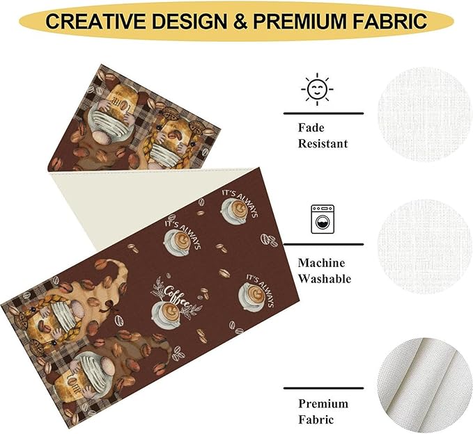 Coffee Time Table Runner, Farmhouse Retro Gnome Coffee Cup Tea Party Cafe Brwon Table Center Decor for Home Kitchen Dining Patio Holiday Party Indoor Outdoor Table Decorations,13"x108" Inch
