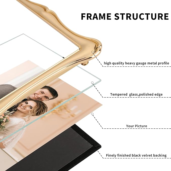 5 x 7'' Premium Alloy Gold Photo Frame - Luxury Display Hi End Décor Picture Frames 7 x 5'' with Velvet Backing,Hi End Décor Metal Frames