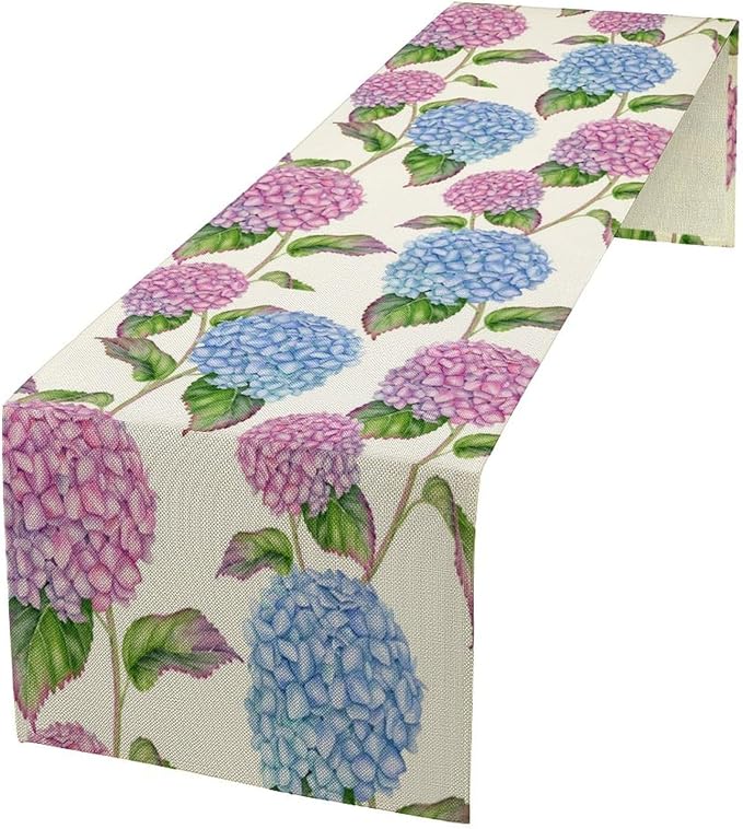 Spring Hydrangea Flower Table Runner, Seasonal Summer Plants Watercolor Pink Purple Florals Dinner Runner for Home Kitchen Dining Table Party Holiday Decoration 13"x90"