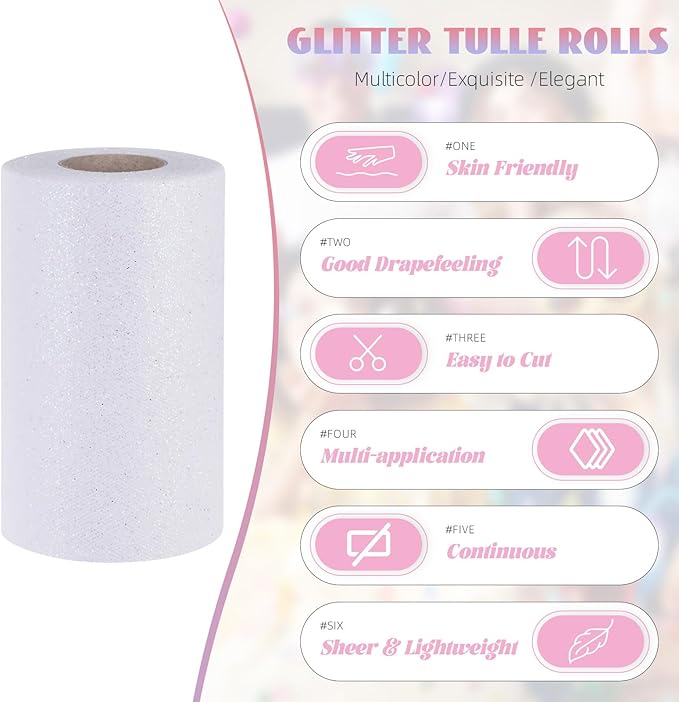 Glitter Tulle Rolls 6” by 50 Yards Sparkle Tulle Fabric Ribbon Sequin Tulle Netting Rolls for DIY Tutu Skirt Wedding Birthday Party Decoration (White/Color)
