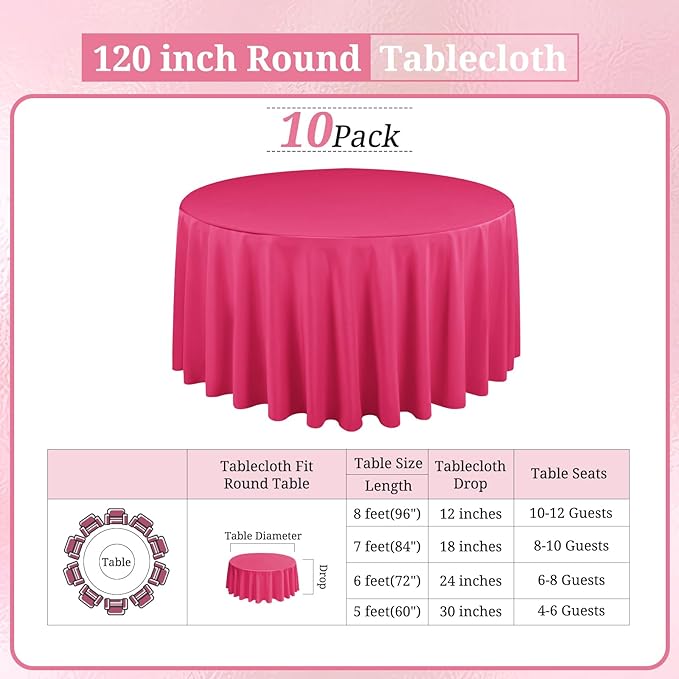 10 Pack Hot Pink Round Tablecloths 120 Inch, Circle Bulk Washable Linen Polyester Tablecloth, Table Cloth Cover for Wedding Buffet Party Banquet Reception Restaurant and Camping