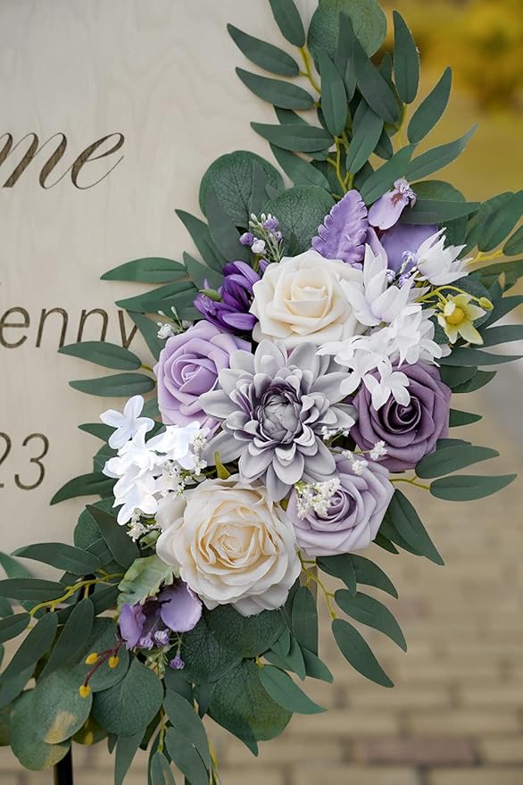 ponatia Wedding Arch Flowers (Pack of 2), Artificial Purple Flowers for Wedding Welcome Signs Decorations and Arch Flower for Ceremony Reception Decoraction (Lilac & Cream)