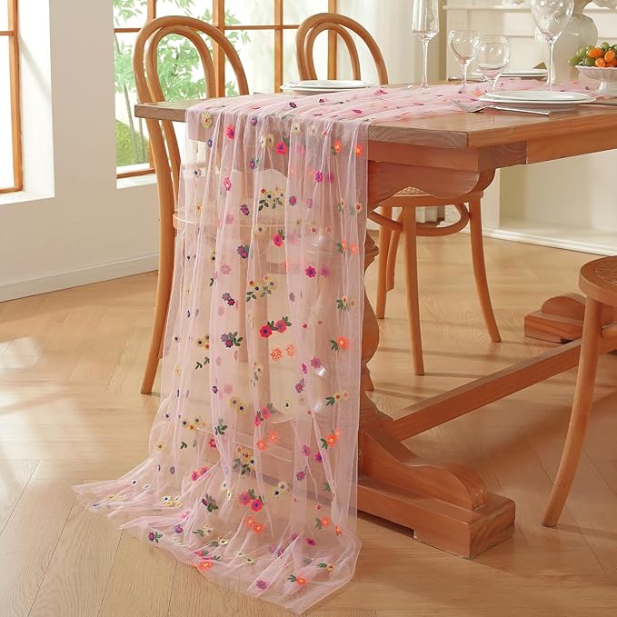 Pink Flower Tulle Table Runner 29x120 Inch Embroidery Florals Soft Sheer Tulle Fabric for Wildflower Party and Baby in Bloom Baby Shower Decorations