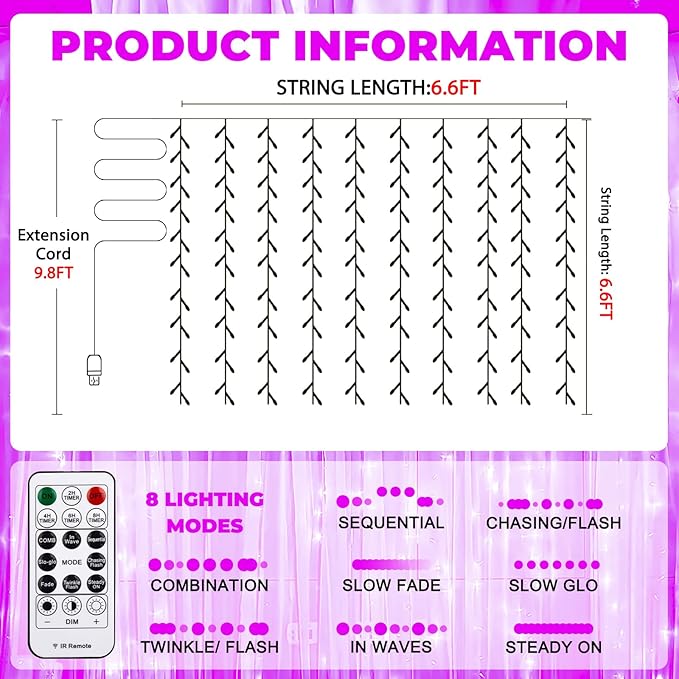 Curtain Light for Bedroom, 200LED 6.6x6.6ft Pink Window Wall Hanging Fairy Curtain String Light, 8 Modes Remote Fairy String Lights Indoor for Wedding Party Home Garden Decorations