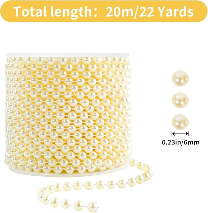 Faux Ivory Pearl Beads Garland - 6mm Christmas Tree Beads 22 Yards Ivory Pearl Strands Spool Pearl String Bead Roll for Wedding Party Christmas Tree Decoration(6mm 22Yards, Ivory)