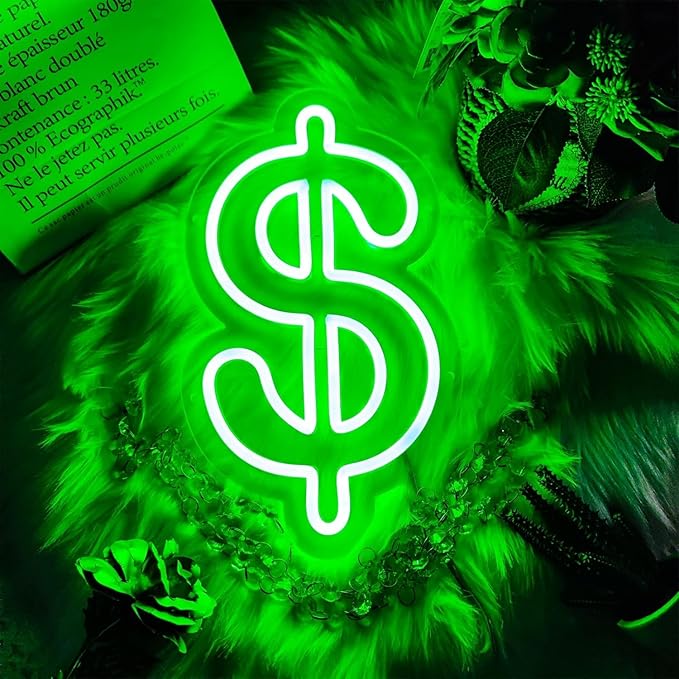 Dollar Neon Sign Money Neon Signs for Wall Decor Dollar Sign Decorations Dollars Money Obsessed Decorations LED Green Light for Bar Bedroom Party Love Money Wall Decoration, 11.9" x 7"