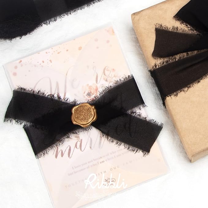 Ribbli Black Chiffon Ribbon - 1.5 inch x 30 Yard Handmade Silk, Fringe Chiffon for Wedding Invitations, Gift Wrapping, Bridal Bouquets, Flower Arrangement