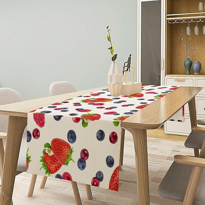 Strawberry Table Runner Spring Summer Fruit Wild Berry Forest Garden Dinner Runner for Farmhouse Party Holiday Home Kitchen Dining Table Decor 13x60