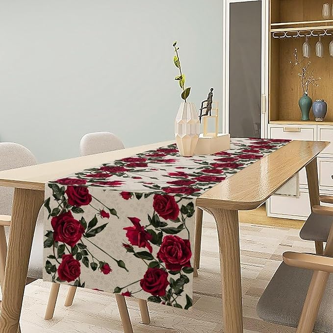 Rose Table Runner, Retro Red Rose Flowers Green Leaves Valentine's Day Kitchen Dinning Table Runner for Indoor Outdoor Home Wedding Party Holiday, 13x70 Inch