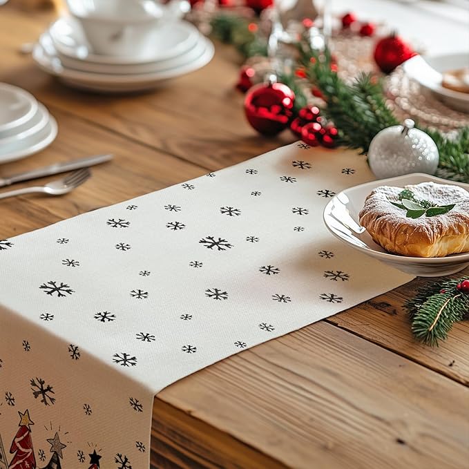GEEORY Christmas Table Runner 13x90 Inch, Xmas Tees Snowflakes Holiday Decorative Farmhouse Table Decoration for Kitchen Dinning, Indoor Outdoor Dinner Party Decor ((Red & Black) GT165-90