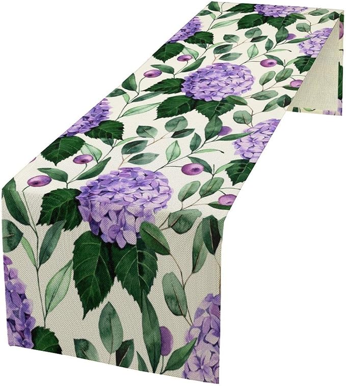 Spring Hydrangea Flower Table Runner, Seasonal Summer Plants Eucalyptus Leaves Purple Florals Dinner Runner for Home Kitchen Dining Table Party Holiday Decoration 13"x36"