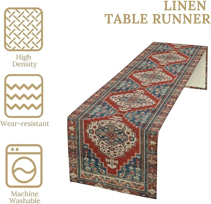 Boho Floral Vintage Table Runner, Red Blue Retro Flower Rustic Country Farmhouse Pattern for Home Kitchen Table Decor Dining Coffee Room Party Decor 13x60in