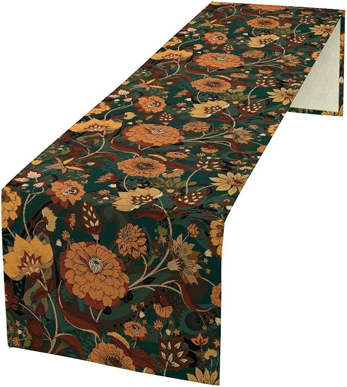 Orange Boho Floral Table Runner, Vintage Bohemian Home Kitchen Table Decoration for Birthday Party Picnic Decoration 13x60 Inch 1PCS