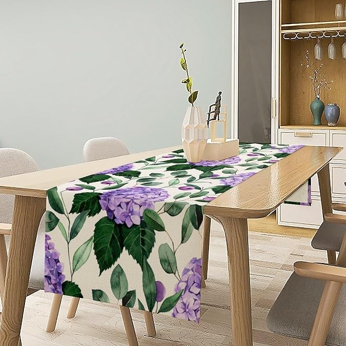 Spring Hydrangea Flower Table Runner, Seasonal Summer Plants Eucalyptus Leaves Purple Florals Dinner Runner for Home Kitchen Dining Table Party Holiday Decoration 13"x36"