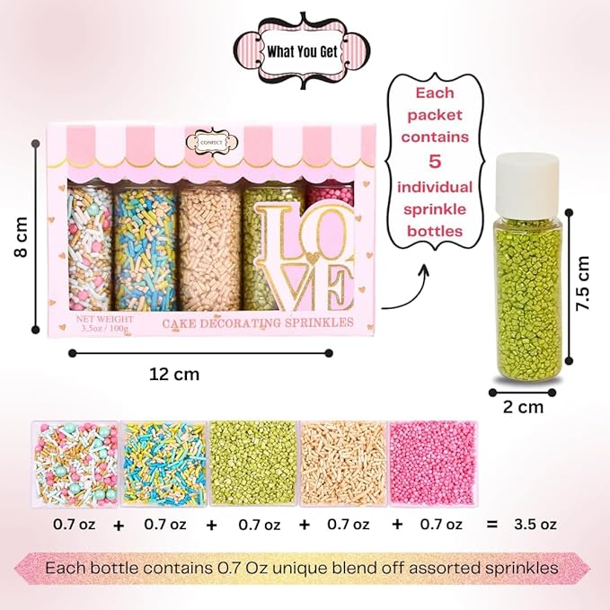 Confect Sprinkles – 5 Pack Assorted Cake Decorating Mix (Hot Pink & Ivory Pearl Dragees, Champagne Gold & Blue Jimmies, Green Sparkling Sugar) – Festive Edible Toppings for Cakes, Cupcakes, Cookies – Vegan, Gluten-Free, Nut-Free, Soy-Free, Dairy-Free, ...