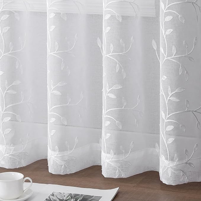 VISIONTEX White Sheer Voile Curtains, Decorative Leaves Embroidery Faux Linen Rod Pocket Window Drapes for Home Kitchen, Living Room and Bedroom 54 x 72 Inch, Set of 2 Curtain Panels