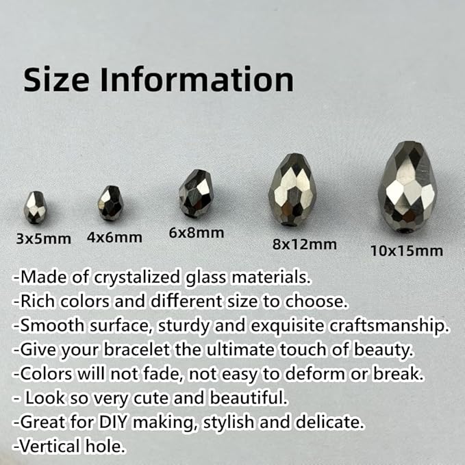 130pcs 6x8mm Teardrop Crystal Glass Beads for Jewelry Making, Faceted Vertical Hole Teardrop Glass Spacer Beads for Wind Chimes Bracelet Earring Necklace DIY Craft(Silver)