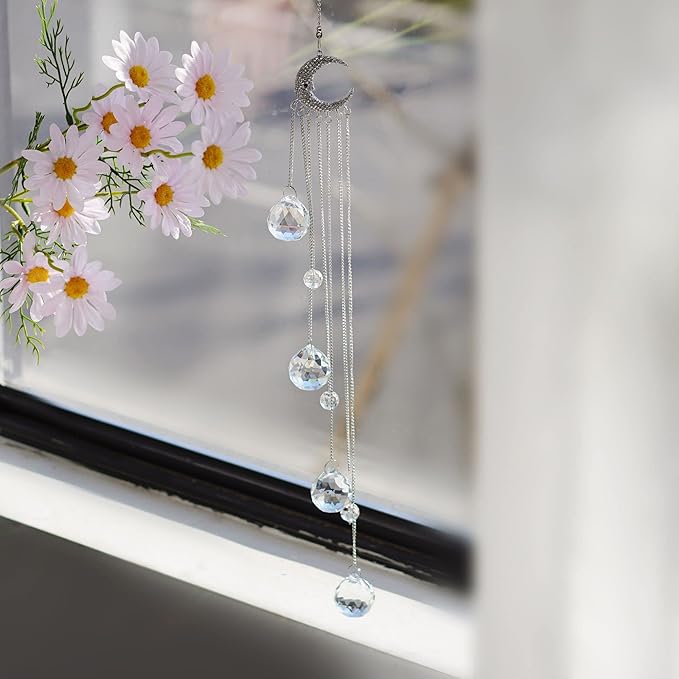 Hanging Clear Crystal Suncatcher Ornaments with Moon Decor Rainbow Maker Crystal Beads Ball Prisms Pendant