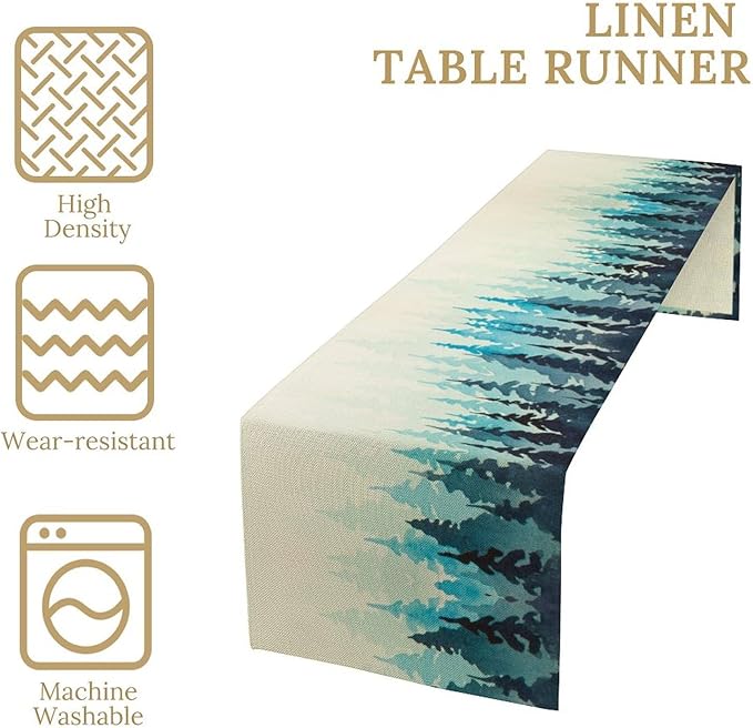 Misty Forest Table Runner,Foggy Blue Forest Landscape Table Runner for Kitchen Dining Table Home Party Decoration 13x72 Inch