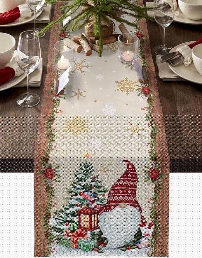 Christmas Gnomes Cotton Linen Table Runner for Dining Kitchen, Xmas Pine Tree Snowflake Rustic Wedding Outdoor Party Tablerunners Decoration, Retro Wood Dresser Scarf Tablecloth Runners 13x72 Inches