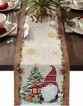 Christmas Gnomes Cotton Linen Table Runner for Dining Kitchen, Xmas Pine Tree Snowflake Rustic Wedding Outdoor Party Tablerunners Decoration, Retro Wood Dresser Scarf Tablecloth Runners 13x36 Inches