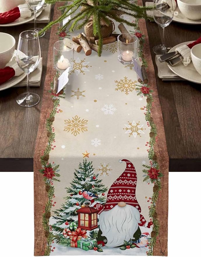Christmas Gnomes Cotton Linen Table Runner for Dining Kitchen, Xmas Pine Tree Snowflake Rustic Wedding Outdoor Party Tablerunners Decoration, Retro Wood Dresser Scarf Tablecloth Runners 13x60 Inches