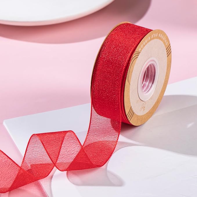 1 Inch Wide Sheer Chiffon Ribbon - Pearl Silk Woven Ribbon Suitable for Gift Wrapping, Wedding Decor, Home Decor, Girl Hair Accessories Handmade DIY (25 Yards/roll) (Red)