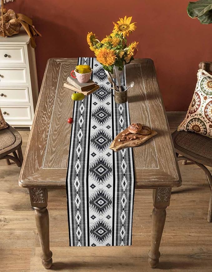 Aztec Southwest Cotton Linen Table Runner for Dining Kitchen, Wedding Outdoor Party Tablerunners Decoration, Boho Ethnic Tribes Vintage Grey Dresser Scarf Coffee Tablecloth Runners 13x120 Inches