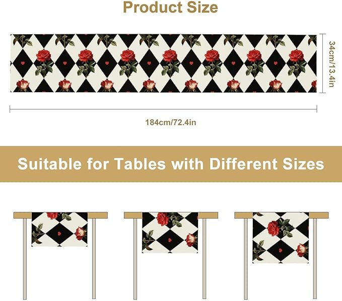 Vintage Rose Table Runner, Red Rose Hearts Black White Checkered Background Table Runner for Kitchen Dinning Table Runner Decor Home Wedding Party Holiday, 13x108 Inch