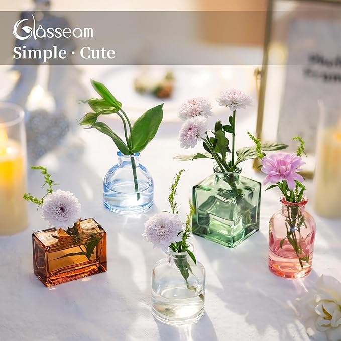 Glasseam Mini Bud Vases in Bulk 40: Colored Small Flower Vases for Centerpieces Cute Tiny Glass Vase for Flowers Modern Decorative Wedding Table Centerpiece for Dining Room Decor