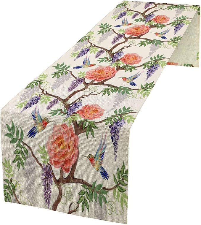 Vintage Bird Flower Table Runner Seasonal Spring Purple Wisteria Garden Plants Lavender Pink Florals Farmhouse Country Kitchen Dinner Runner Dining Table Decoration for Home Party Holiday 13"x108"